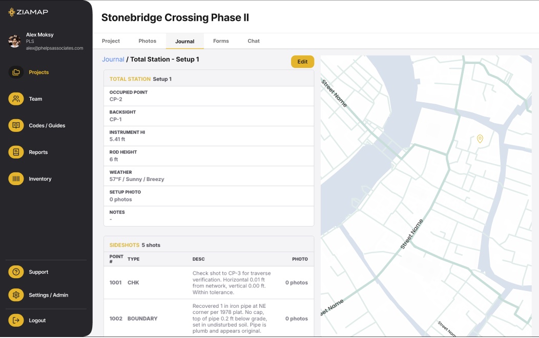 ZiaMap desktop project journal showing site photos, notes, and metadata organized by project
