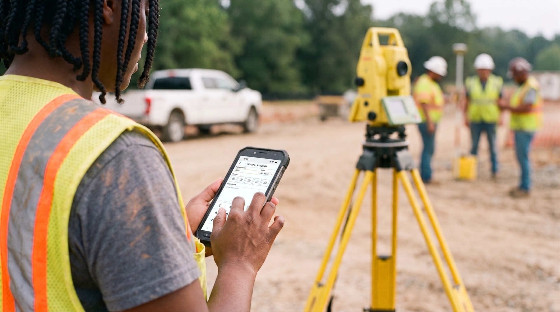 Surveyor in a hi-vis vest entering an RTK shot in ZiaMap on a rugged phone, a yellow total station on a tripod and crew on a graded site behind