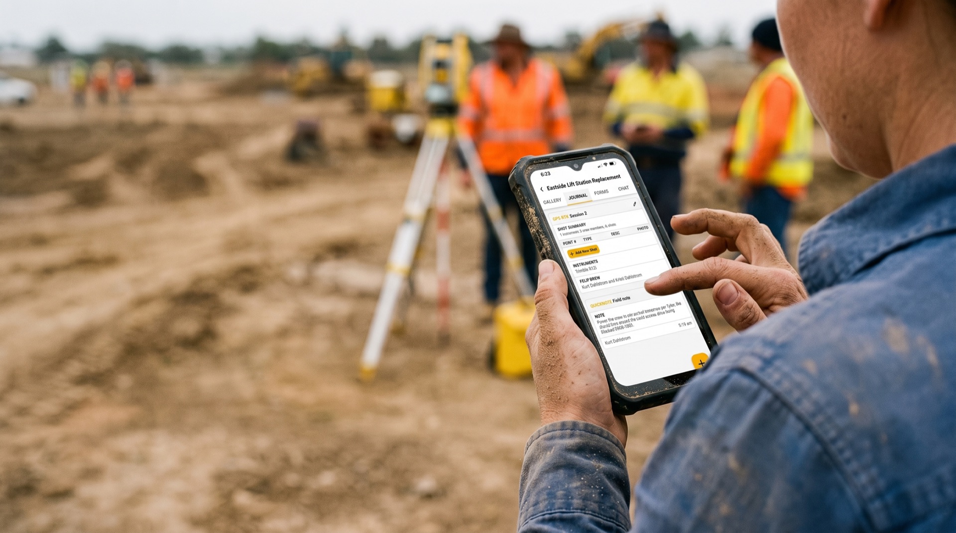 Surveyor reviewing a ZiaMap project journal on a phone at an earthwork site, crew and total station working in the background