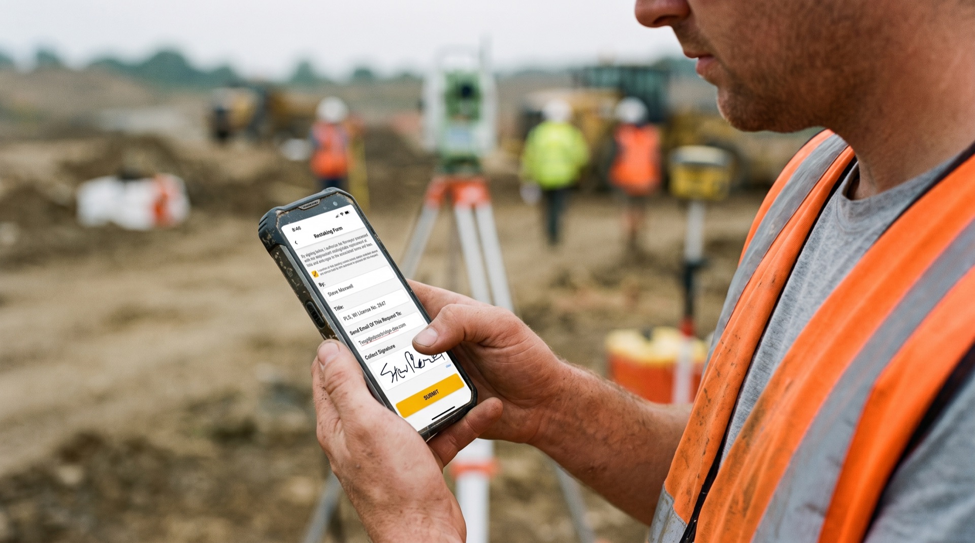Survey crew lead in hi-vis reviewing a ZiaMap restaking form on a rugged phone at a construction site, total station in the background