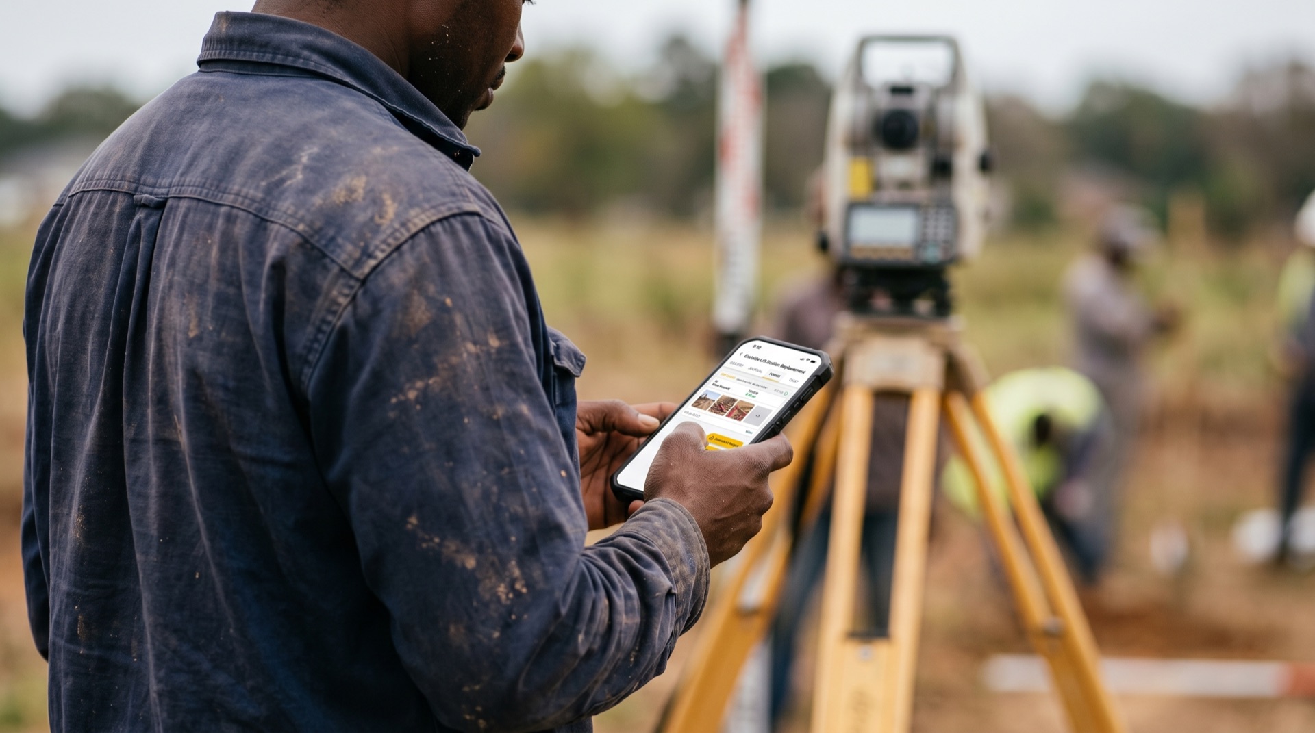 Field crew member using ZiaMap on a phone beside a total station on a graded site, crew working in the background