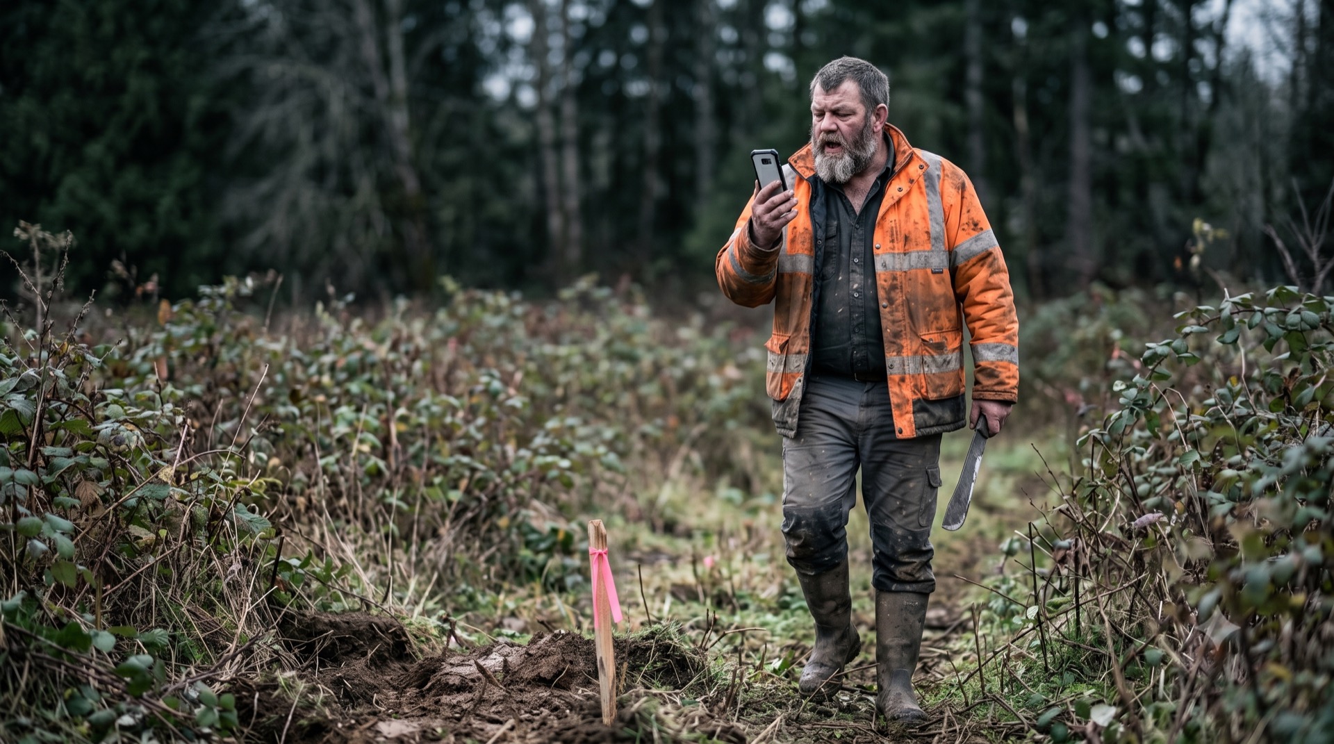 Survey party chief in the field speaking a note into ZiaMap on his phone, brush and a flagged survey stake around him