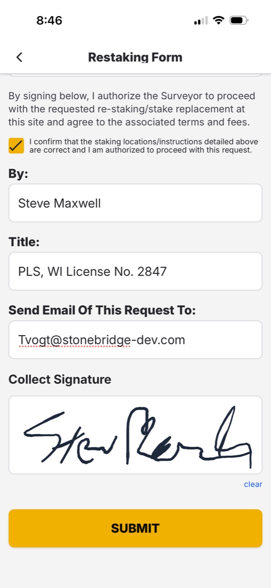 ZiaMap restaking form signature screen with PLS license number, inspector authorization, and collected signature